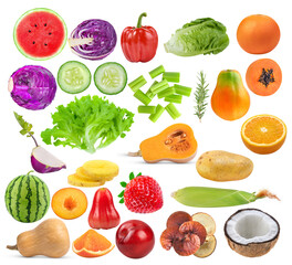   Mixed of different fruits and vegetable isolated on white background