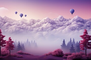 Colorful hot air balloons flying over the misty forest and the clouds