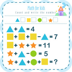 Fototapeta premium Math for kids kindergarten, count and write the numbers , children education 