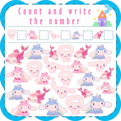 Children education count and write the number for children garden, kid's cartoon illustration kawaii animals