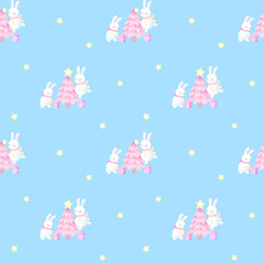 Christmas background seamless pattern with pink  tree, bunny in cartoon kawaii style on blue background 