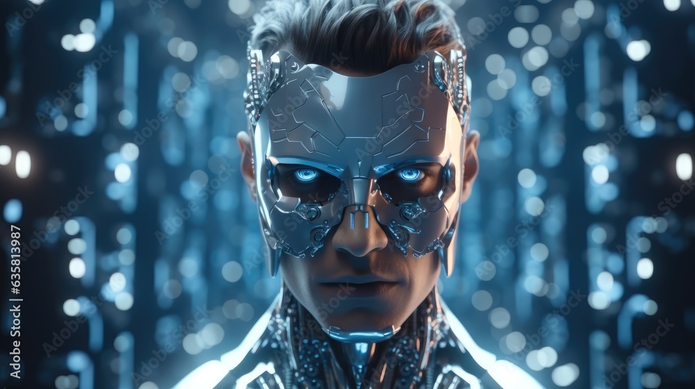Aufkleber artificial intelligence, futuristic humanoid cyber man with a neural network, half man, half robot, 