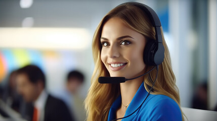Beautiful businesswoman wearing headset are talking to caller in customer services Centre.