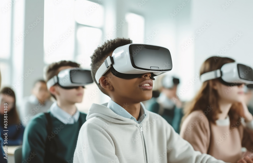 Poster Mixed race group of students using virtual reality goggles at the classroom.