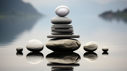 vertical stacked rocks, A pile of rocks balancing, River in background.