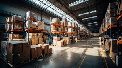 Logistics concept, A large warehouse with numerous items, Rows of shelves with boxes, Inventory control.