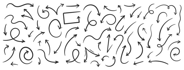 Hand drawn arrows collection Set simple flat arrows isolated on white background. Arrow mark icons and arrow paint. Stock vector. EPS10.