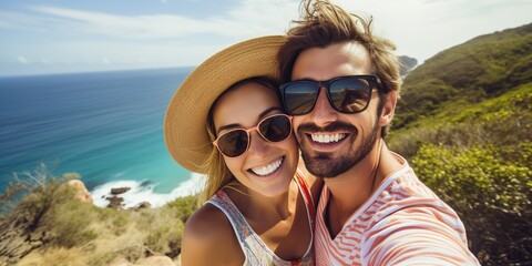 Young Couple Pose For Holiday Selfie On Clifftop