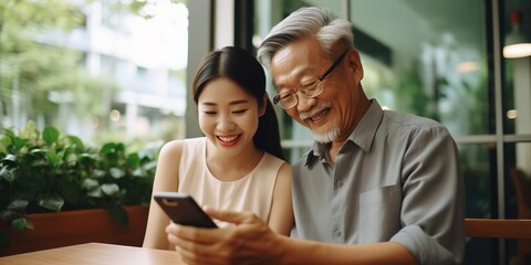 Daughter teaching asian old man or dad using social media internet technology with digital gadget at home. - obrazy, fototapety, plakaty