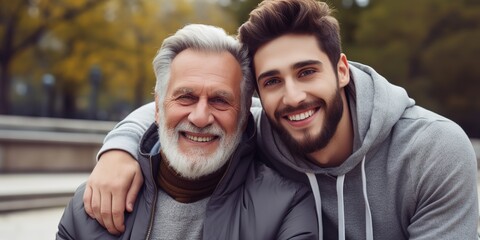 Smiling handsome young man in a gray hoodie hugging his gray-haired father in years, cheering him on