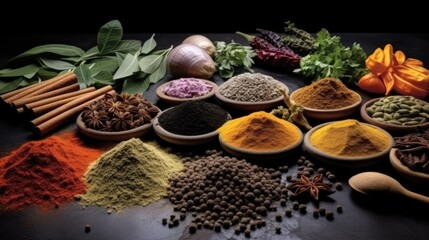 Fototapeta premium Spices for cooking, Gastronomic delight, spices and herbs arranged on table.