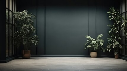 Modern interior design of empty living room and dark wall with plants.