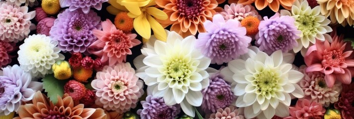 Flowers wall background with amazing red, orange, pink, purple, Green and white chrysanthemum flowers, Wedding decoration, Banner.