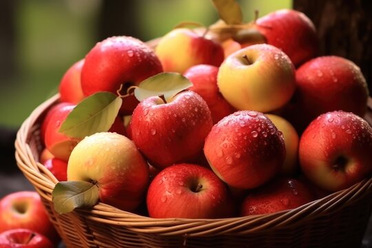 Red juicy organic apples in basket bursting, Fresh fruit.