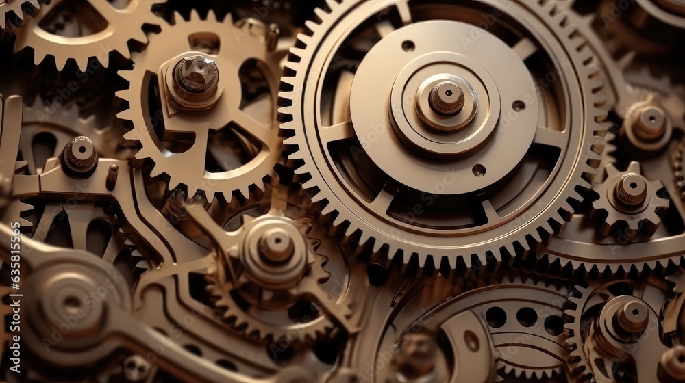 Poster gears meshing together in machinery, background of the gear mechanism.