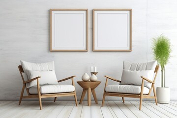 Scandinavian interior with two wooden frame mockups in living room, depicted in 3D.