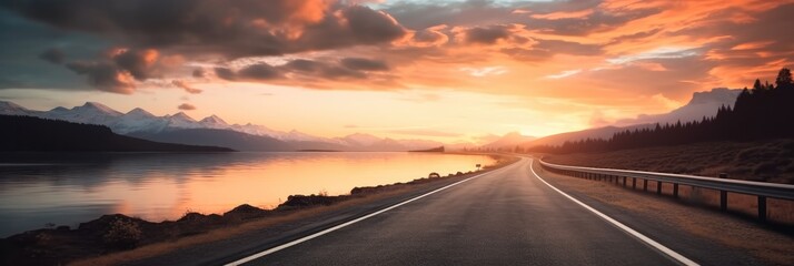 Road with mountains and Lake at sunset.