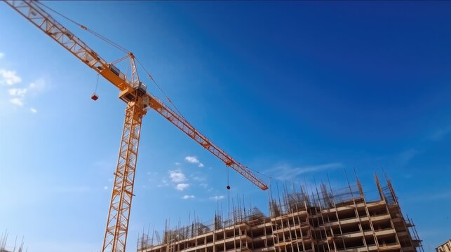 Low angle view, Yellow construction crane with building under construction.