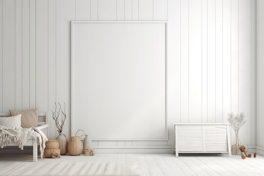 a white bedroom interior, with a mockup wall in the childrens room.