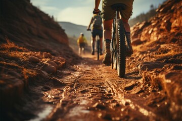 Back view Mountain bikes tire and riders foot on brown dirt path Generative AI