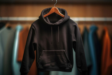 A black sweatshirt with a hood and a pocket hangs on a hanger in the dressing room