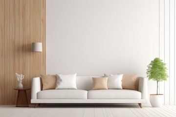 Modern interior design of the living room with a white sofa and pillows and an empty background