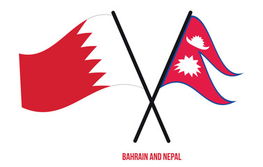 Bahrain and Nepal Flags Crossed And Waving Flat Style. Official Proportion. Correct Colors.