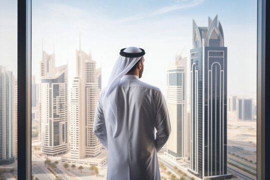 Premium Photo  An arab man, a businessman, a sheikh stands in front of a  skyscraper window. investments, business, work via the internet, online  contracts.