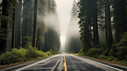 Scenic road with fog at forest.