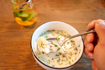 okroshka is a traditional dish of national Russian cuisine, vegetables with meat and kvass, cold soup.