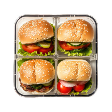 Mini burgers in a lunchbox top view isolated on transparent background. Generative AI