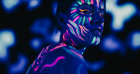 Captivating Beauty Shoot: Young Female Model with Neon Body Art Paint and Red Abstract Background, Poses with Grace and Elegance, Exuding a Sense of Poise and Bohemian Style