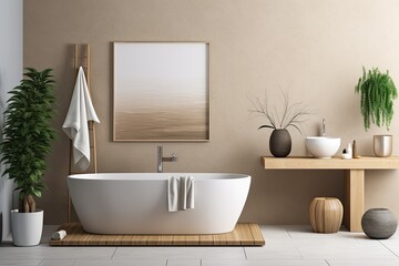 a modern minimalist bathroom with white sink, wooden vanity, plants, bathtub, shower, beige walls, granite floor, and vases.