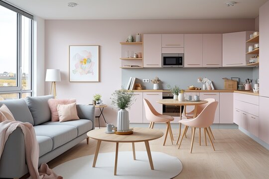 Studio apartment in Scandinavian style with spacious and bright interior design, featuring warm pastel colors and trendy furniture in the living area, as well as modern details in the kitchen.