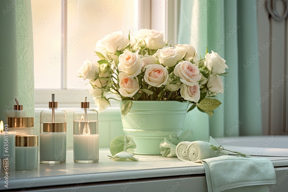 Canvas Prints Elegant mint colored bathroom with soft lighting, white roses, and pastel accessories.