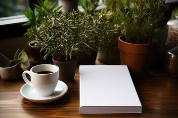 A book cover mockup displayed on a rustic wooden table, accompanied by a cup of coffee and small plants. Photorealistic illustration, Generative AI