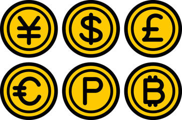 お金のコインのアイコン（円・ドル・ユーロ・ポンド・ビットコイン・ポイント）, money icon (yen, dollar, euro, pound, bitcoin, point)
