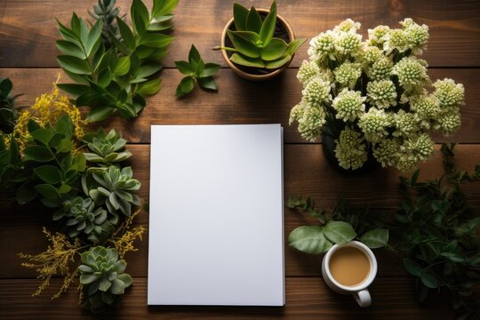 A journal cover mockup presented with a cup of coffee, adorned by flowers and green leaves, all placed on a rustic wooden table. Photorealistic illustration, Generative AI