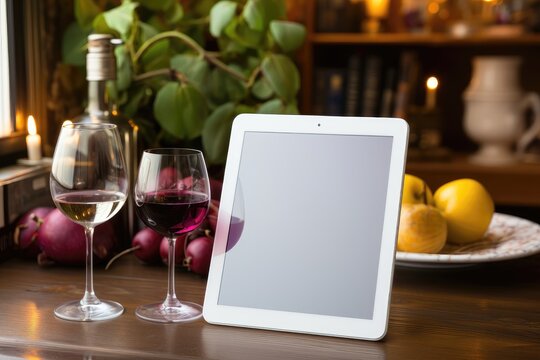 A tablet screen mockup with a reflective surface displayed on a wooden table, accompanied by glasses of wine. Photorealistic illustration, Generative AI