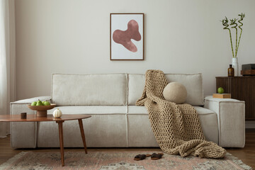 Interior design of living room with mock up poster frame, modern sofa, blanket, wooden coffee...