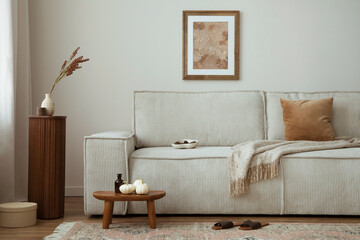 Interior design of elegant living room with mock up poster frame, modern beige sofa, brown pillow,...