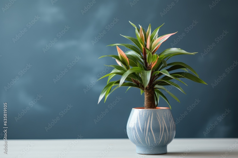 Poster Dracaena flower in ceramic pot on table at home, perfect gift.