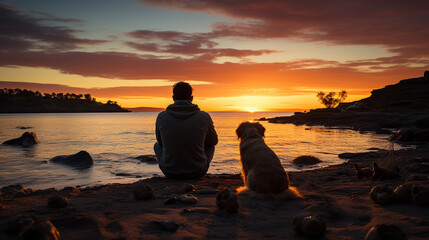 Man and dog on the beach at sunset.