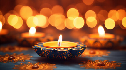 Illuminated diyas creating a warm glow on a decorative background, Diwali, background Generative AI
