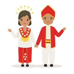 Happy couple wearing Maluku traditional dress waving hands, greeting hand gesture. Indonesia traditional dress cartoon vector.