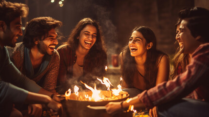 Group of friends sharing laughter and joy in a Diwali setting, Diwali, background Generative AI