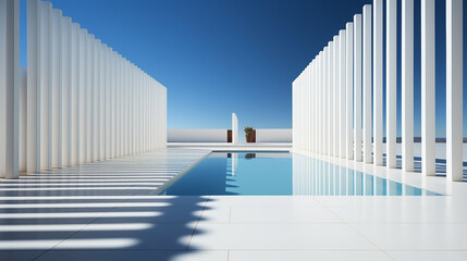  White concrete marvel against a tranquil blue backdrop, the allure of contemporary design, generative AI