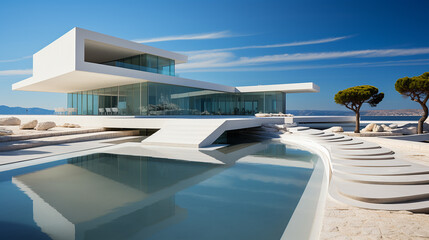 Reflective pool mirroring a pristine white structure, the beauty of simplicity in architecture, generative AI