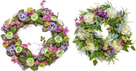 Wreaths made by artificial flowers and plants with transparent background