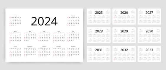 Fototapeta na wymiar Calendar for 2024, 2025, 2026, 2027, 2028, 2029, 2030, 2031, 2032, 2033 years. Template pocket or wall calenders. Week starts Sunday. Layout of organizers with 12 month in English. Vector illustration